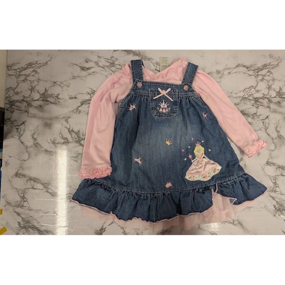 Youngland Girls Denim Jumper Dress with Pink Long Sleeve Shirt 2T Outfit